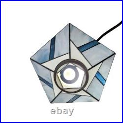 Vtg Leaded Stained Glass Lamp Shade 5 Sided Blues White Geometric Brass Etched