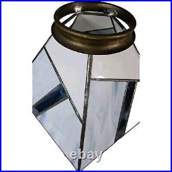 Vtg Leaded Stained Glass Lamp Shade 5 Sided Blues White Geometric Brass Etched