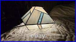 Vtg Leaded Stained Glass Lamp Shade 5 Sided Blues White Geometric Brass Etched