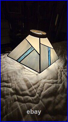Vtg Leaded Stained Glass Lamp Shade 5 Sided Blues White Geometric Brass Etched
