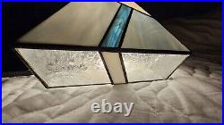 Vtg Leaded Stained Glass Lamp Shade 5 Sided Blues White Geometric Brass Etched