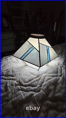 Vtg Leaded Stained Glass Lamp Shade 5 Sided Blues White Geometric Brass Etched