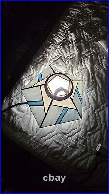 Vtg Leaded Stained Glass Lamp Shade 5 Sided Blues White Geometric Brass Etched