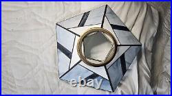 Vtg Leaded Stained Glass Lamp Shade 5 Sided Blues White Geometric Brass Etched