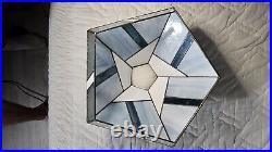 Vtg Leaded Stained Glass Lamp Shade 5 Sided Blues White Geometric Brass Etched