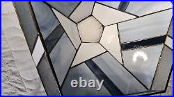 Vtg Leaded Stained Glass Lamp Shade 5 Sided Blues White Geometric Brass Etched
