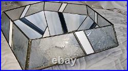 Vtg Leaded Stained Glass Lamp Shade 5 Sided Blues White Geometric Brass Etched