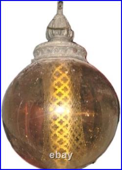 Vtg Lg Swag Lamp Glass Globe Hanging MCM Auburn Mustard Mancave Club Chic Deco