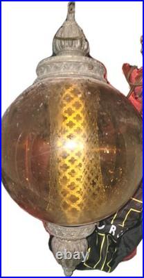 Vtg Lg Swag Lamp Glass Globe Hanging MCM Auburn Mustard Mancave Club Chic Deco