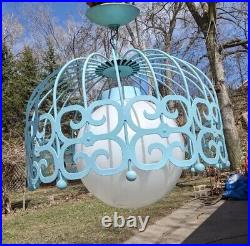 Vtg MCM 1960s Arthur Umanoff Light Blue Hanging Scroll Light Fixture Retro Cage