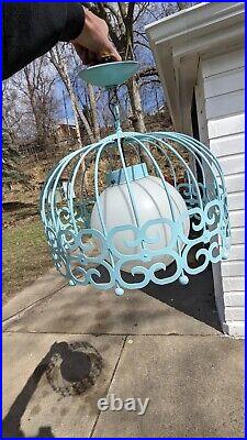 Vtg MCM 1960s Arthur Umanoff Light Blue Hanging Scroll Light Fixture Retro Cage