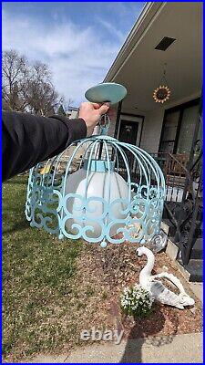 Vtg MCM 1960s Arthur Umanoff Light Blue Hanging Scroll Light Fixture Retro Cage