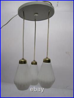 Vtg MCM 3 Pendant Hanging Ceiling Light Fixture Chandelier Milk Glass Shades