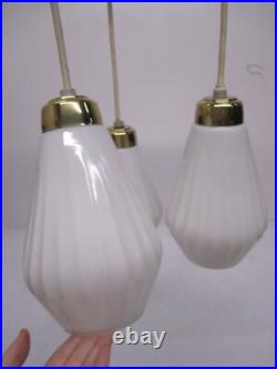 Vtg MCM 3 Pendant Hanging Ceiling Light Fixture Chandelier Milk Glass Shades