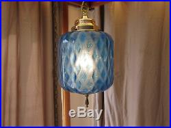 Vtg MCM BLUE GLASS HANGING SWAG LAMP 25 INCH With Diffuser RETRO