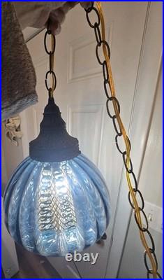 Vtg MCM Blue Optic Looking Mushroom Shaped Swag Lamp As Is Works