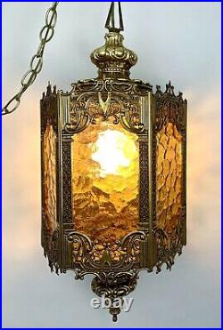Vtg MCM Brass/Gold Gothic Regency Hanging Swag Lamp Light Fixture Panel Lantern