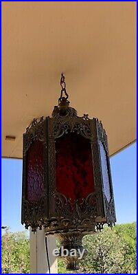 Vtg MCM Brass Gold Gothic Regency Hanging Swag Lamp Light Fixture Panel Lantern