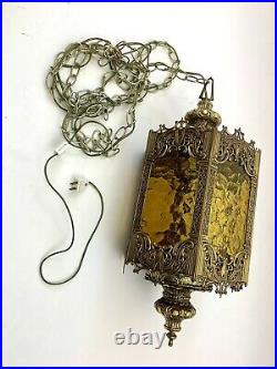 Vtg MCM Brass/Gold Gothic Regency Hanging Swag Lamp Light Fixture Panel Lantern