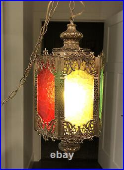 Vtg MCM Brass Gold Regency Hanging Swag Lamp Light Fixture Multi Panel Lantern