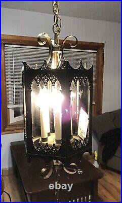 Vtg MCM Brass/Gold-tone Gothic Hanging Lamp Light Fixture 6 Panel Lantern