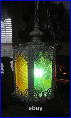 Vtg MCM Brass Hollywood Regency Hanging Swag Lamp Light Fixture Multi Panel