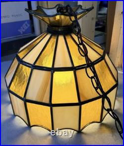 Vtg MCM Caramel Slag Glass Hanging Swag Lamp 16 Stained Panel Pendant Light