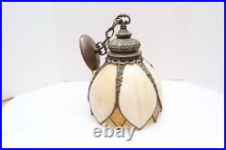 Vtg MCM Cream/Carmel Slag Glass Hanging TULIP Pendant Swag Lamp Pendant Fixture