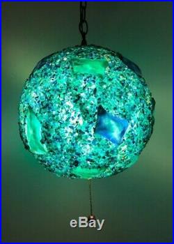 Vtg MCM Globe Light Lucite Resin Rock Candy Hanging Lamp Blue Green 1960s