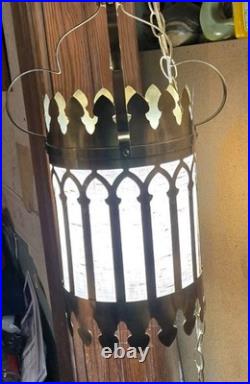 Vtg MCM Gothic Hollywood Regency Cathedral Style Pendant Corded Swag Lamp
