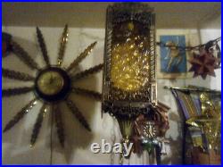 Vtg MCM Gothic Spanish Revival Hanging Swag Lamp Brass Hexagon Amber Glass