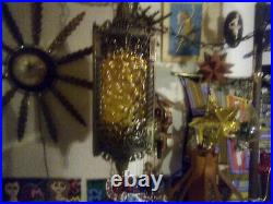 Vtg MCM Gothic Spanish Revival Hanging Swag Lamp Brass Hexagon Amber Glass