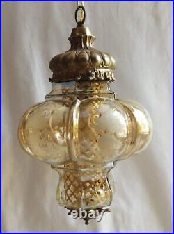 Vtg MCM Hanging Amber Gold BUBBLE Glass SWAG Lamp Light floral decal WORKS