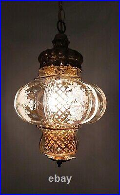 Vtg MCM Hanging Amber Gold BUBBLE Glass SWAG Lamp Light floral decal WORKS
