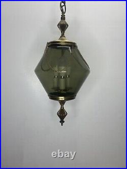Vtg MCM Hanging Ceiling Fixture Lamp 3-Light withSmokey Gray Glass Shade