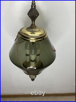 Vtg MCM Hanging Ceiling Fixture Lamp 3-Light withSmokey Gray Glass Shade