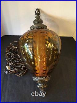 Vtg MCM Hanging Swag Lamp Amber Gold Optic Diffuser Glass Hollywood Regency GC
