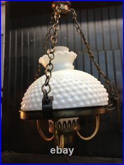 Vtg MCM Hobnail Milk Glass Hanging Ceiling Light Fixture Pendant Chandelier