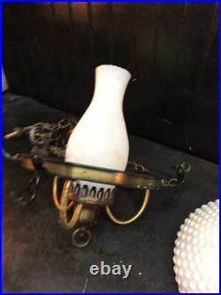 Vtg MCM Hobnail Milk Glass Hanging Ceiling Light Fixture Pendant Chandelier