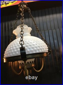 Vtg MCM Hobnail Milk Glass Hanging Ceiling Light Fixture Pendant Chandelier
