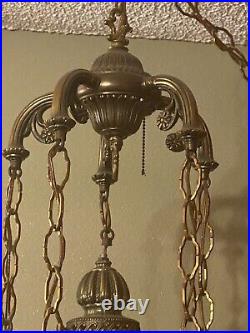 Vtg MCM Hollywood Regency 5 Amber Flame Globes Swag Light Fixture Lamp Plugs In