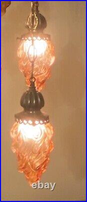 Vtg MCM Hollywood Regency 5 Amber Flame Globes Swag Light Fixture Lamp Plugs In