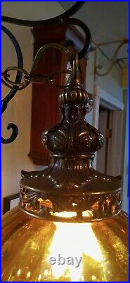 Vtg MCM Hollywood Regency Amber Glass Hanging Swag Lamp Light