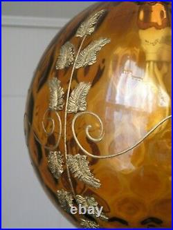 Vtg MCM Hollywood Regency Amber Glass Hanging Swag Lamp Light