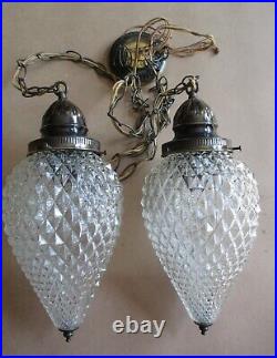 Vtg MCM Hollywood Regency Diamond Point Teardrop Double Globe Hanging Swag Lamp