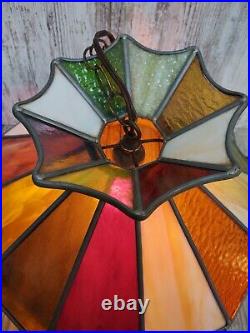 Vtg. MCM Multi-colored Slag Stained Glass Hanging Tiffany style Swag Light Lamp