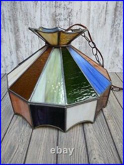 Vtg. MCM Multi-colored Slag Stained Glass Hanging Tiffany style Swag Light Lamp