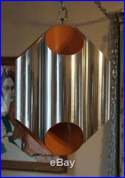 Vtg MCM PAIR Aluminum Cylinder SWAG HANGING LAMPS Orange 70s / Modern Space Age