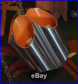 Vtg MCM PAIR Aluminum Cylinder SWAG HANGING LAMPS Orange 70s / Modern Space Age