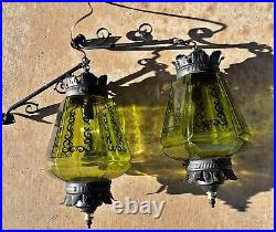 Vtg MCM Pair Of Green Glass Globe Gothic Style Chandelier Sconce Lights Wired